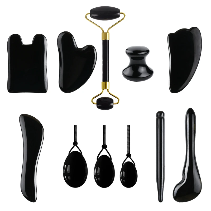 

1Pcs Obsidian Jade Roller Gua Sha Natural Jade Scraper Black Gouache Guasha Yoni Egg Massagers For Face Lift Spa Anti-Aging Tool