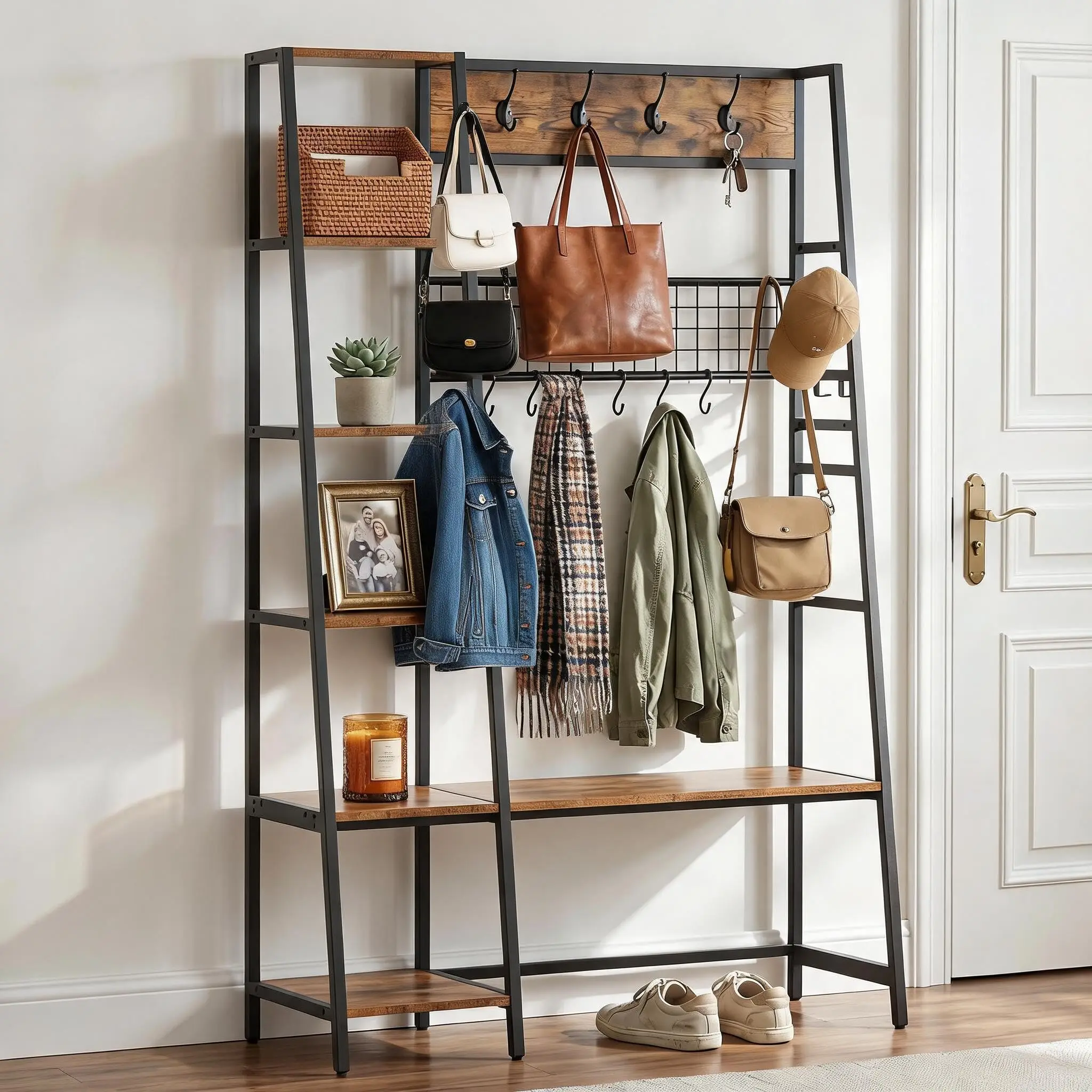 Industrial Hall Tree with Bench - 11 Hooks & 5-Tier Side Shelves - Entryway Coat Rack for Mudroom or Apartment - Freestanding Organizer with Shoe Storage - Rustic Brown, Matte Black + Vintage