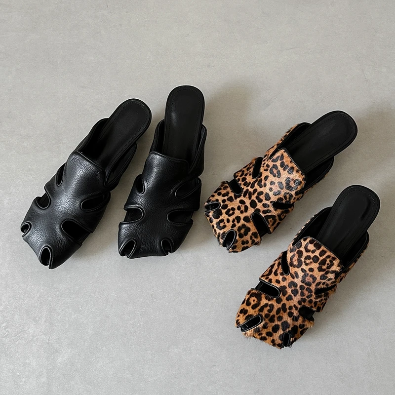 

Women's new summer genuine leather leopard print horsehair hollow out breathable middle heel and toe cover Mueller shoe slippers