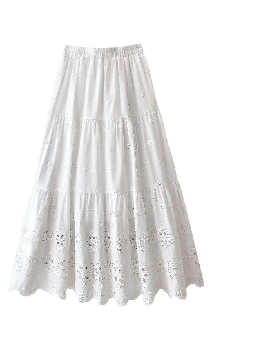 2024 New Fashion Summer Women Hollow Out Embroidery A-line Skirt Casual Women Vintage Elegant High Waist Aesthetic Skirt Female