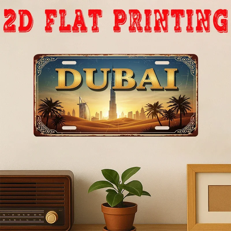 Dubai UAE Desert Skyline 2D Flat Printing License Plate Style Metal Tin Sign, Luxury Middle Eastern City Themed Decorative Al
