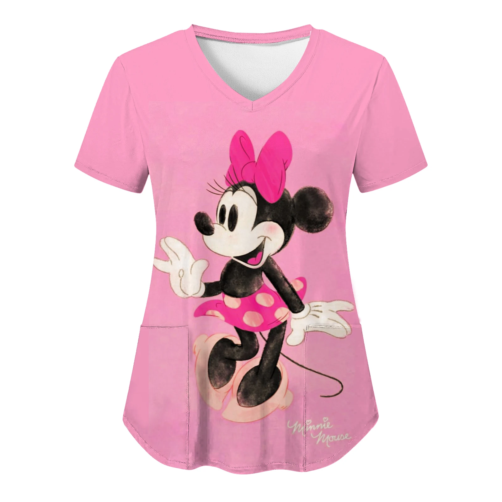 T-shirt saku kaus leher V atasan rumah sakit wanita baju Mickey Minnie Mouse T-shirt Disney Atasan Wanita 2024 seragam perawat