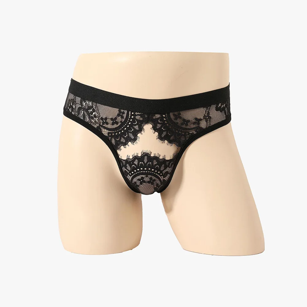Men Sexy Jacquard Sissy Briefs Lace Sheer Lingerie Open Butt Ball Pouch Breathable Underwear Hollow Out Summer Men's Panties