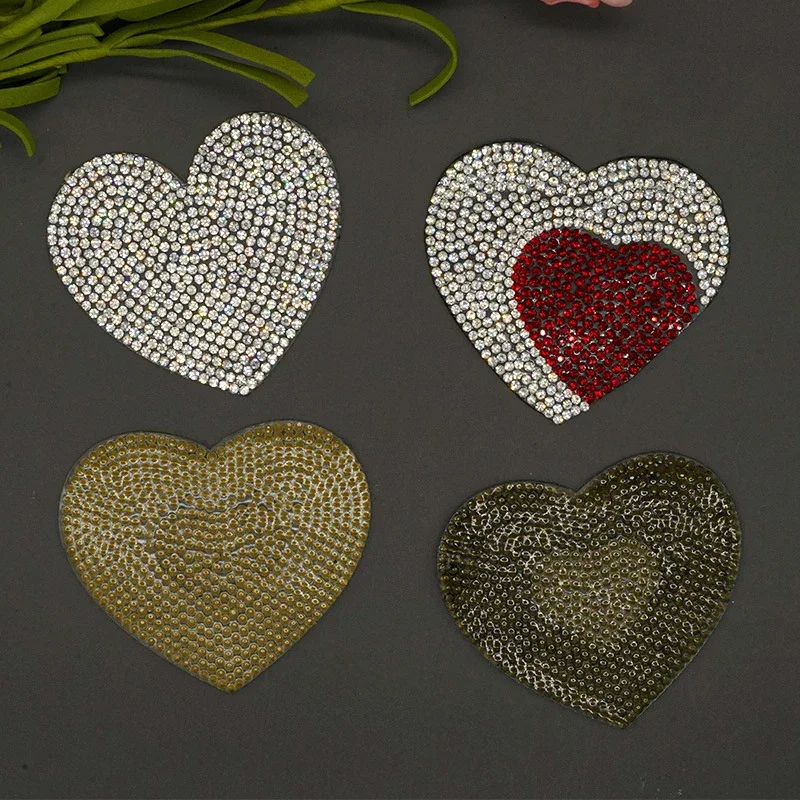 1pcs Rhinestones Heart Diamond Sequin Embroidery Patches For Iron On Transfer Diy Bag Clothes Appliques Badge Stripes Sticker