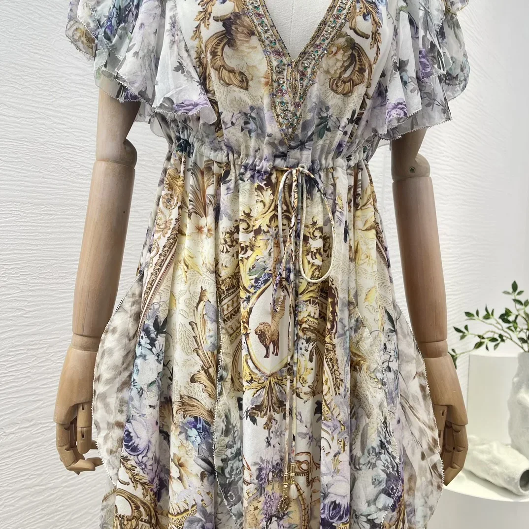 Floral Print Silk Cascading Ruffles Short Sleeve Diamonds 2024 New High Quality Midi Dress for Women