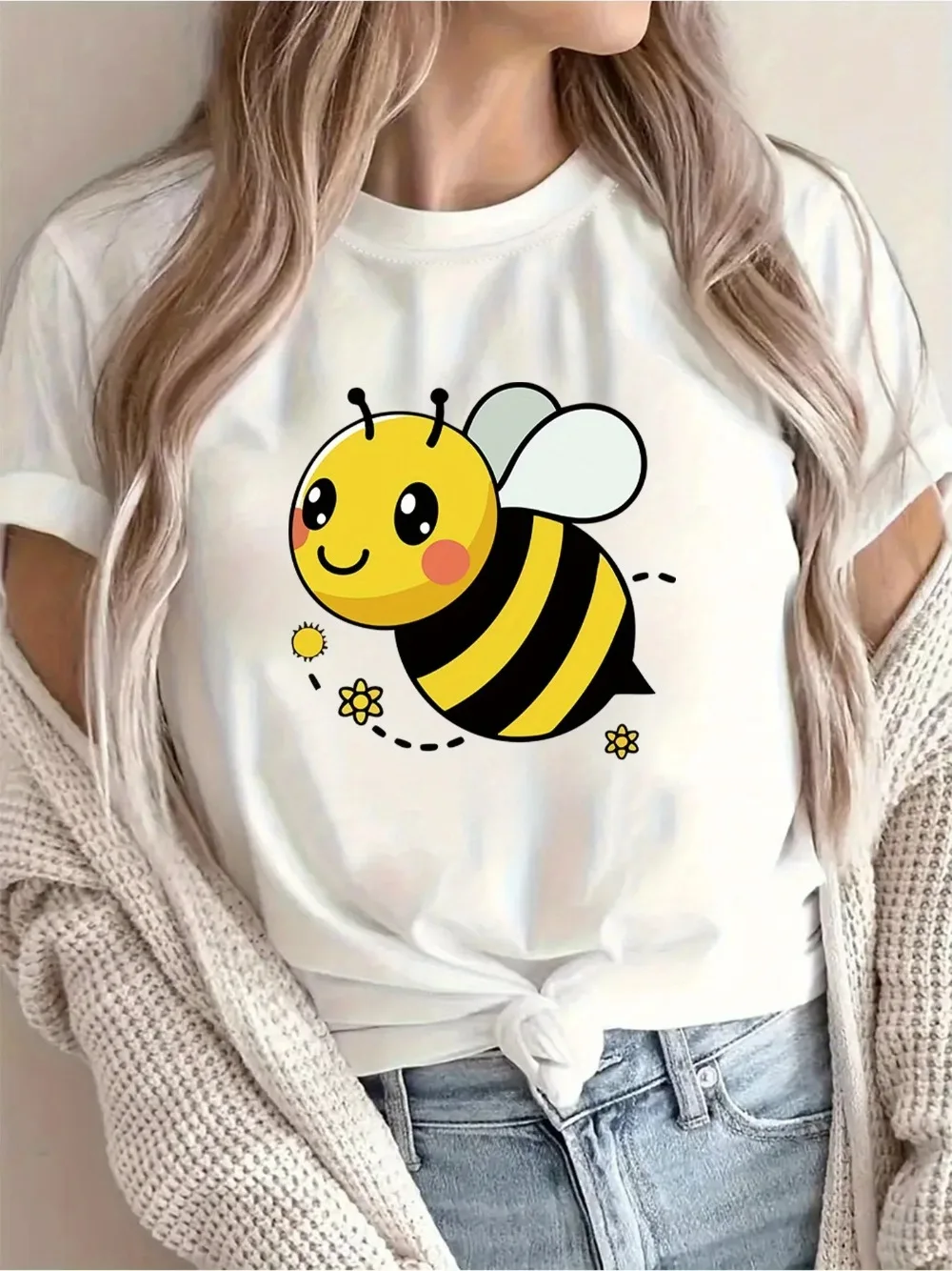 1pc Love Cartoon Bee Printed Breathable Round Neck T-shirt  Summer Round Short Sleeves for Both Men and Women