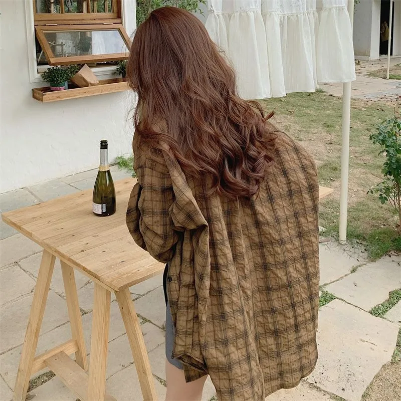 Vintage Plaid Shirts Women Slouchy Ulzzang New Spring Summer Loose Students Preppy All-match Chic Female Outerwear Midi Mujer