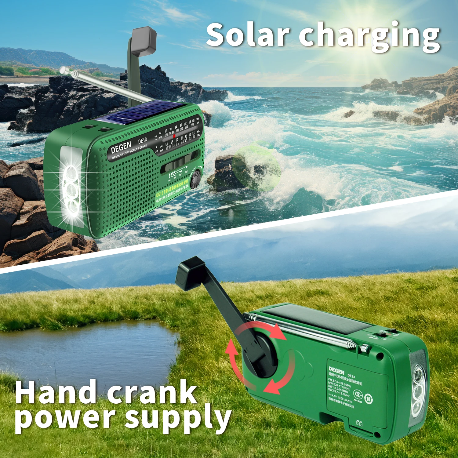 DEGEN DE13 Radio di emergenza portatile meteo FM AM SW ricevitore carica a manovella solare con torcia sveglia Power Bank