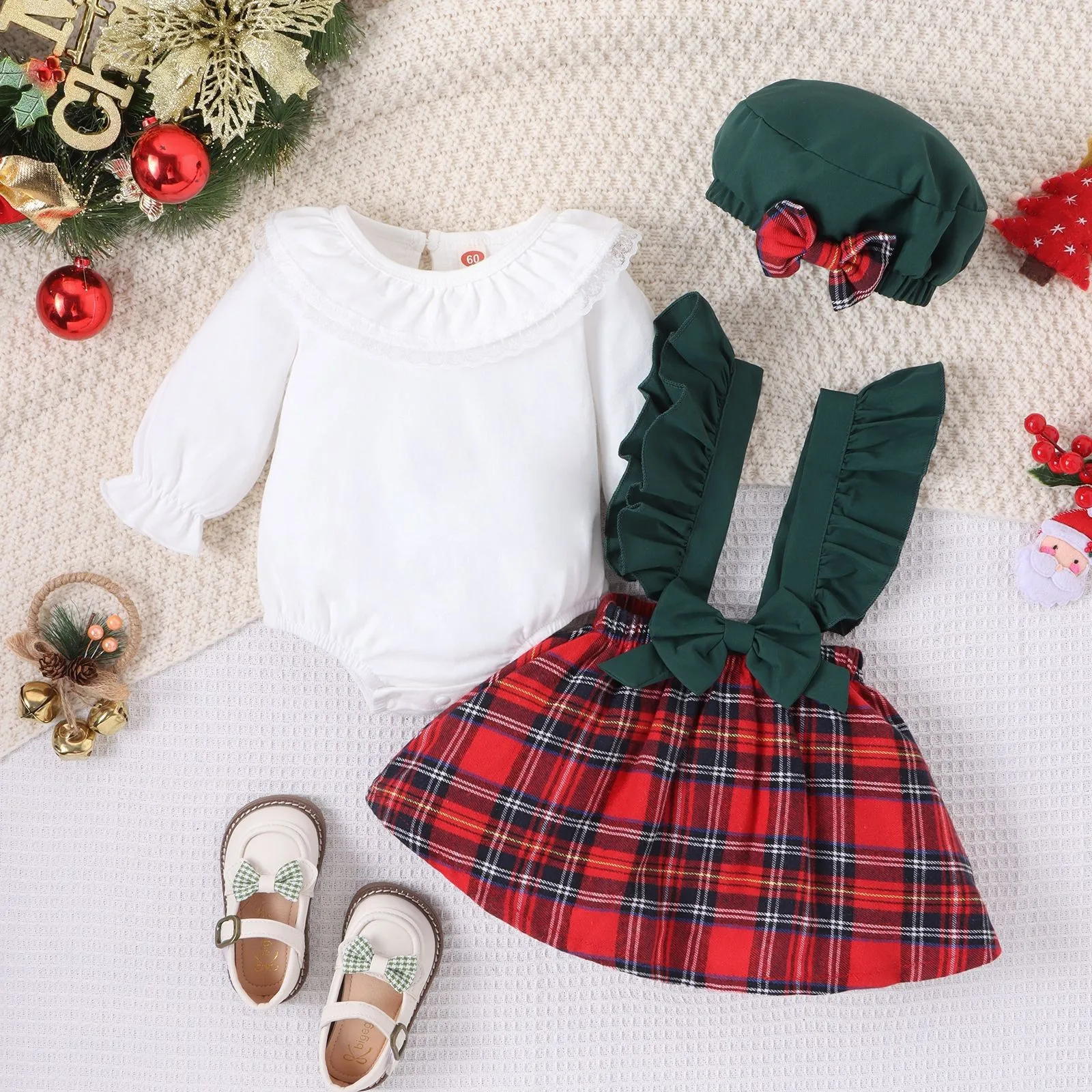 Christmas Baby Girl Clothes Solid Color Lace Bodysuit Plaid Ruffles Suspenders Dress with Basque Cap Toddler Outwear Suit