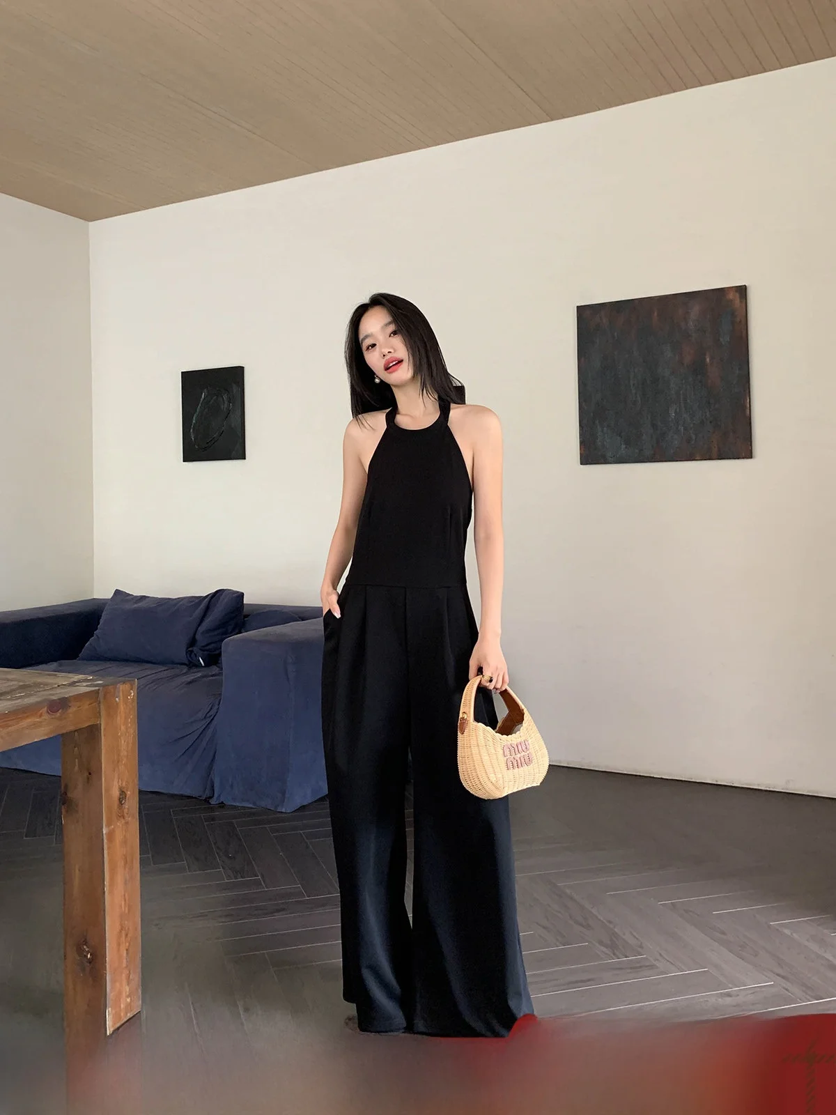 

Lui Xianxi Bla Sexy Bal Strapl One-Piece Summer Loose Slimming Straight Leg Pants Women's High Waist Polyester Fiber