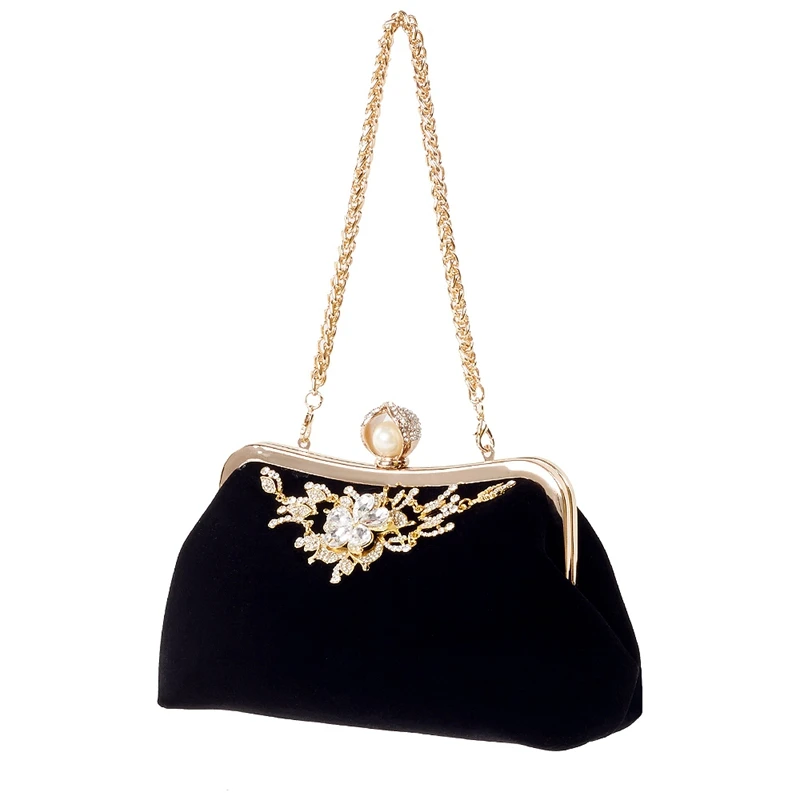 

Female Diamond Pearl Handbag Vintage Crystal Flower Evening Bag Wedding Party Bride Clutch Bag Purse