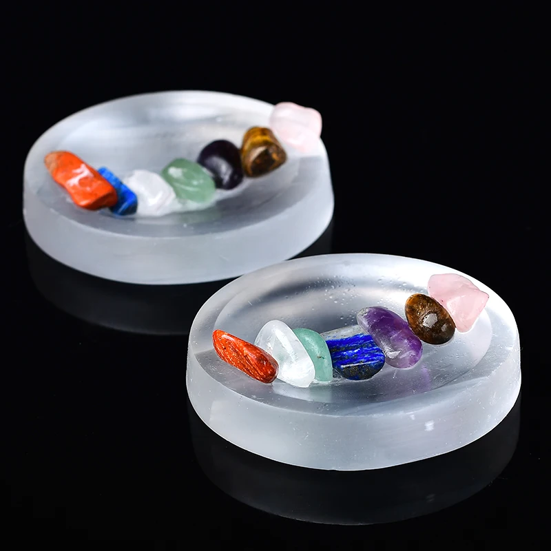 1PC Seven Chakra Natural  Gravel With Selenite Circle Bowl Plaster Minerals Reiki Specimen Point Reiki Healing Stone Amulet Gift