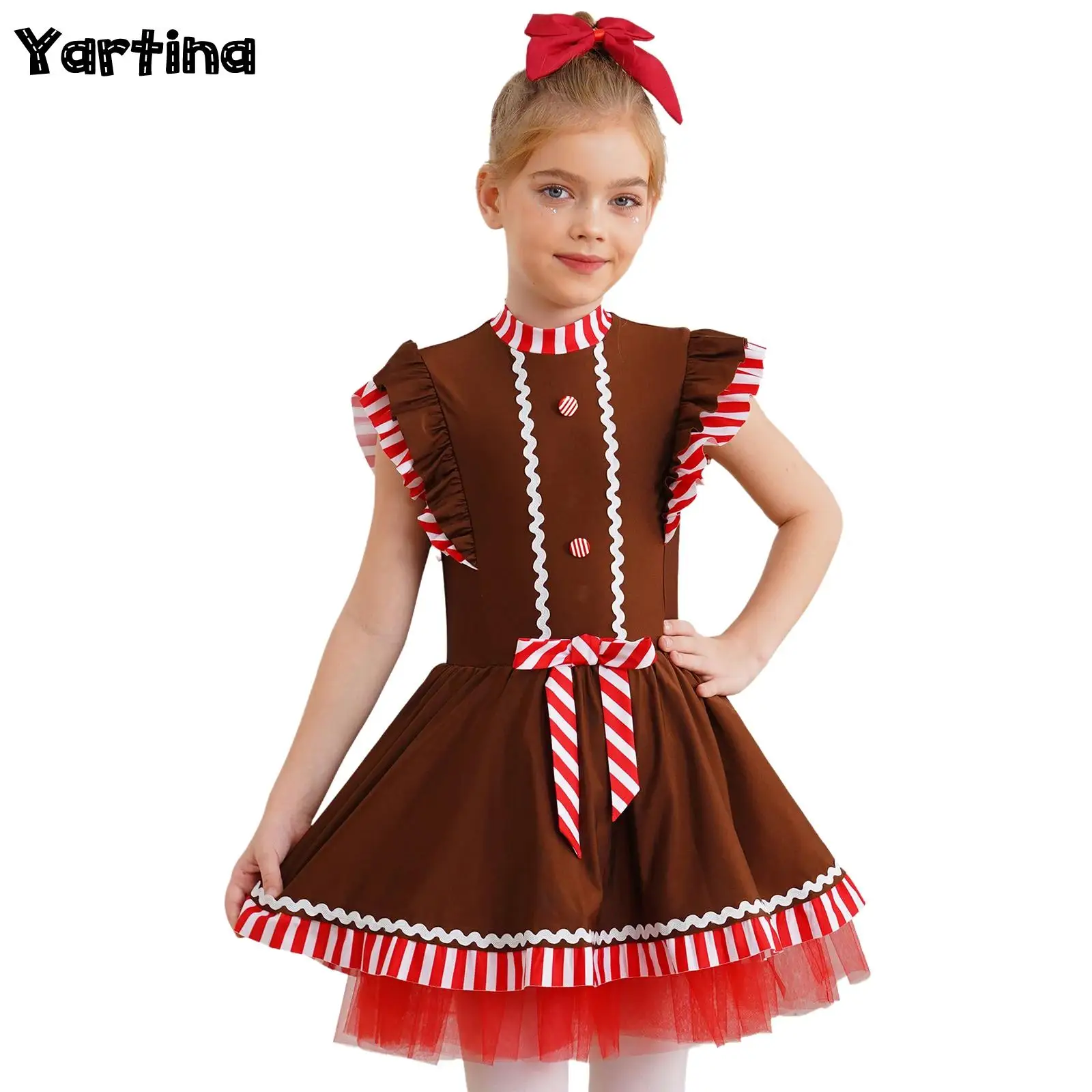 

Girls Christmas Xmas Gingerbread Man Cosplay Costume Flying Sleeve Stripes Santa Claus Ballet Leotard Figure Skating Tutu Dress