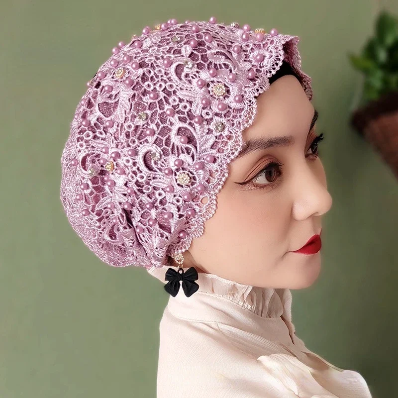 Beading Muslim Turban Caps Lace Headcover Islamic Wrap Head Turbante Summer Bonnets For Women Embroidery Flower Hijab Church Hat