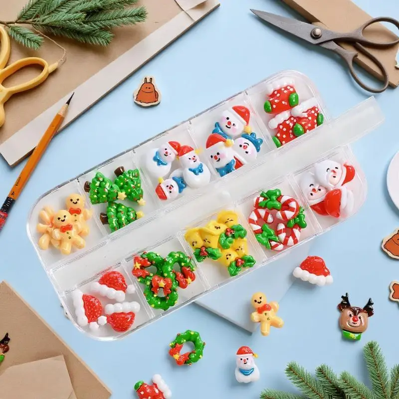 12 Grid 36/60 Pcs Kawaii Mini Snowman Xmas Tree Nail Charms 3D Reindeer Santa Claus Nail Rhinestones Resin Christmas Nail Gems