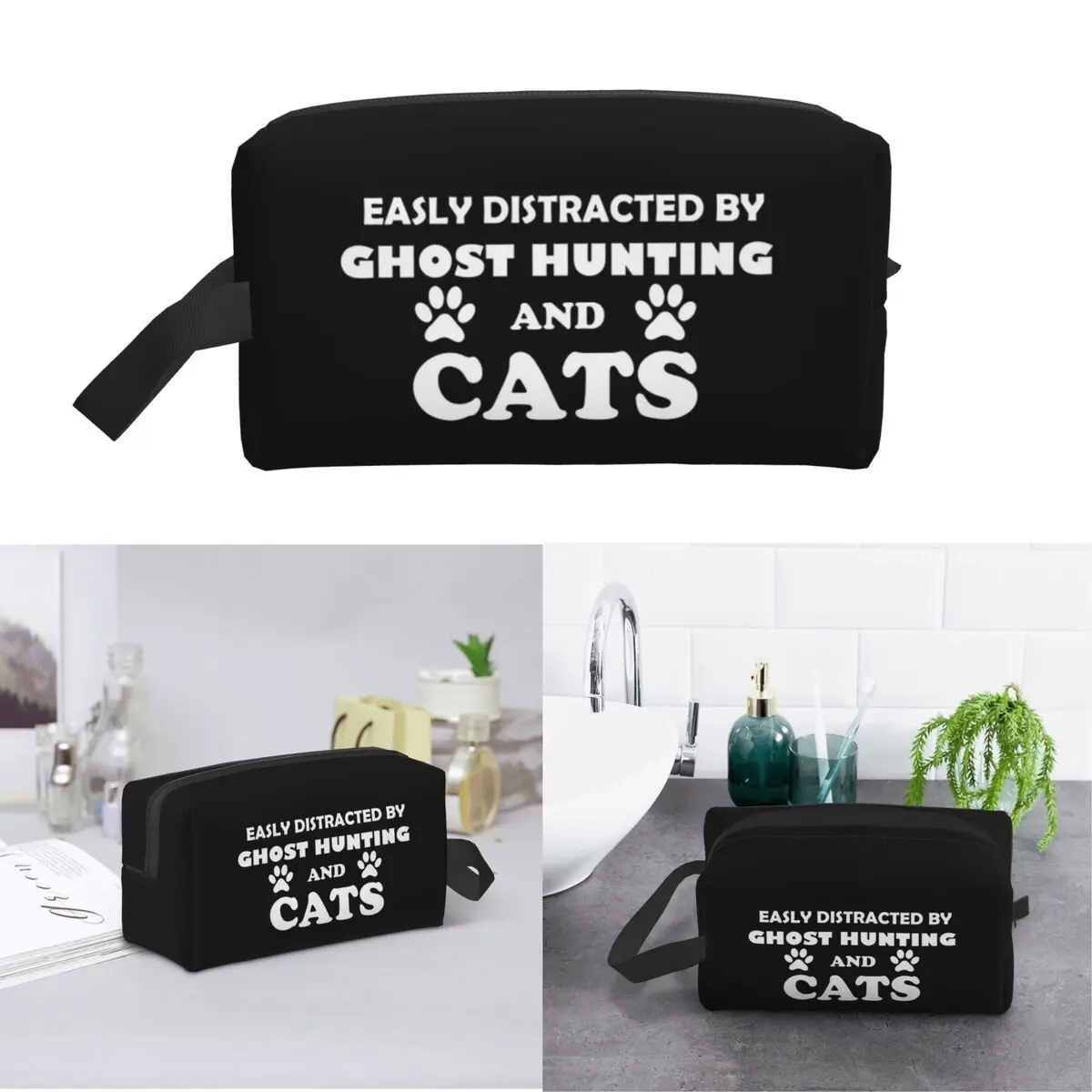 Easily Distracted By Ghost Hunting And Cats Makeup Bag Cosmetic Organizer Storage Dopp Kit Toiletry Cosmetic Bag Women Beauty
