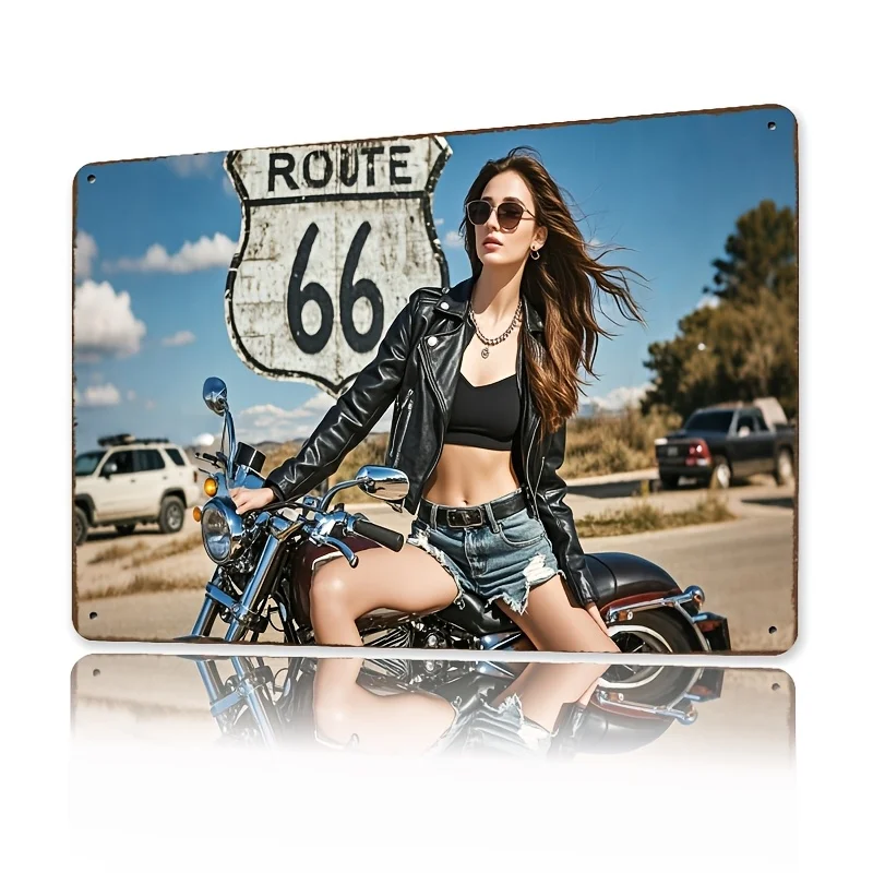 Vintage Route 66 Motorcycle Girl Metal Sign -  Iron Wall Art, Perfect for Home & Party Decor, Indoor/Outdoor Use, Great Gift Ide