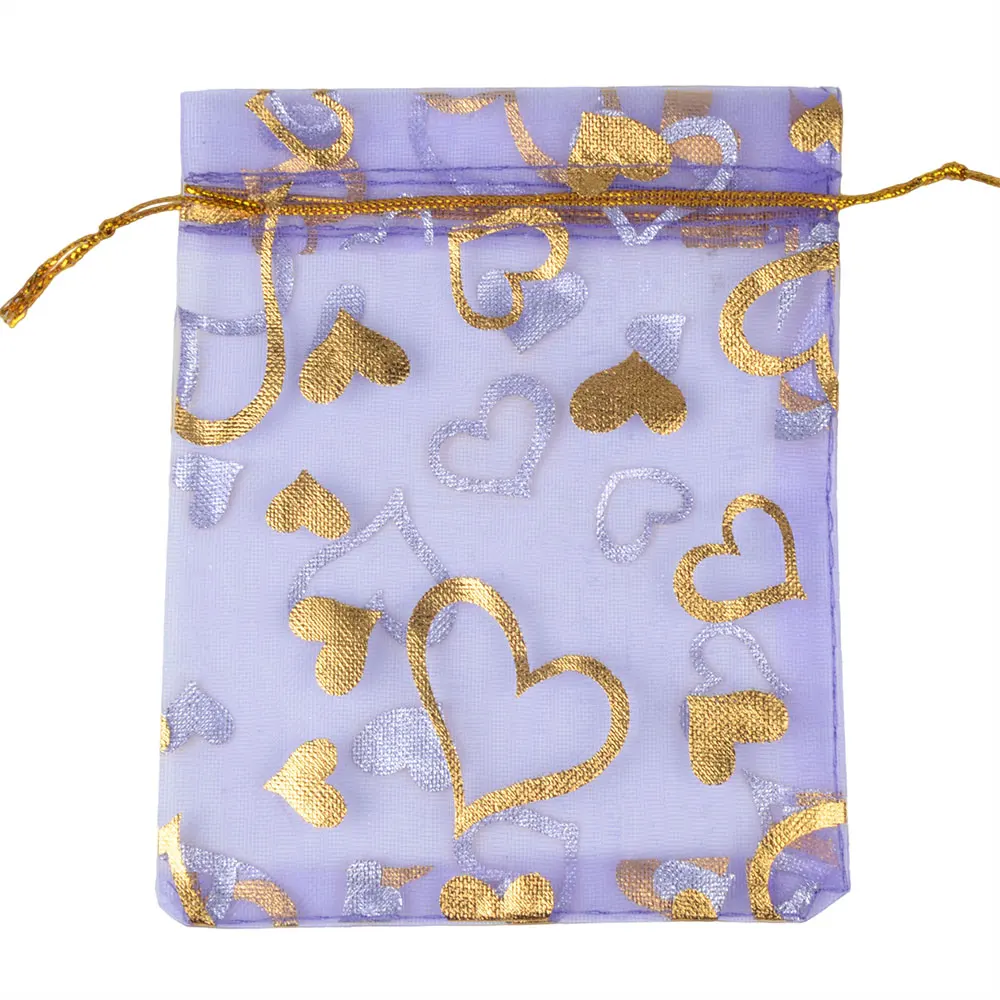 25/50/100pcs/lot Love Heart Organza Gift Bag Gold Color Heart Gifts Pouches For Wedding Party Candy Valentine Day Jewelry Bag