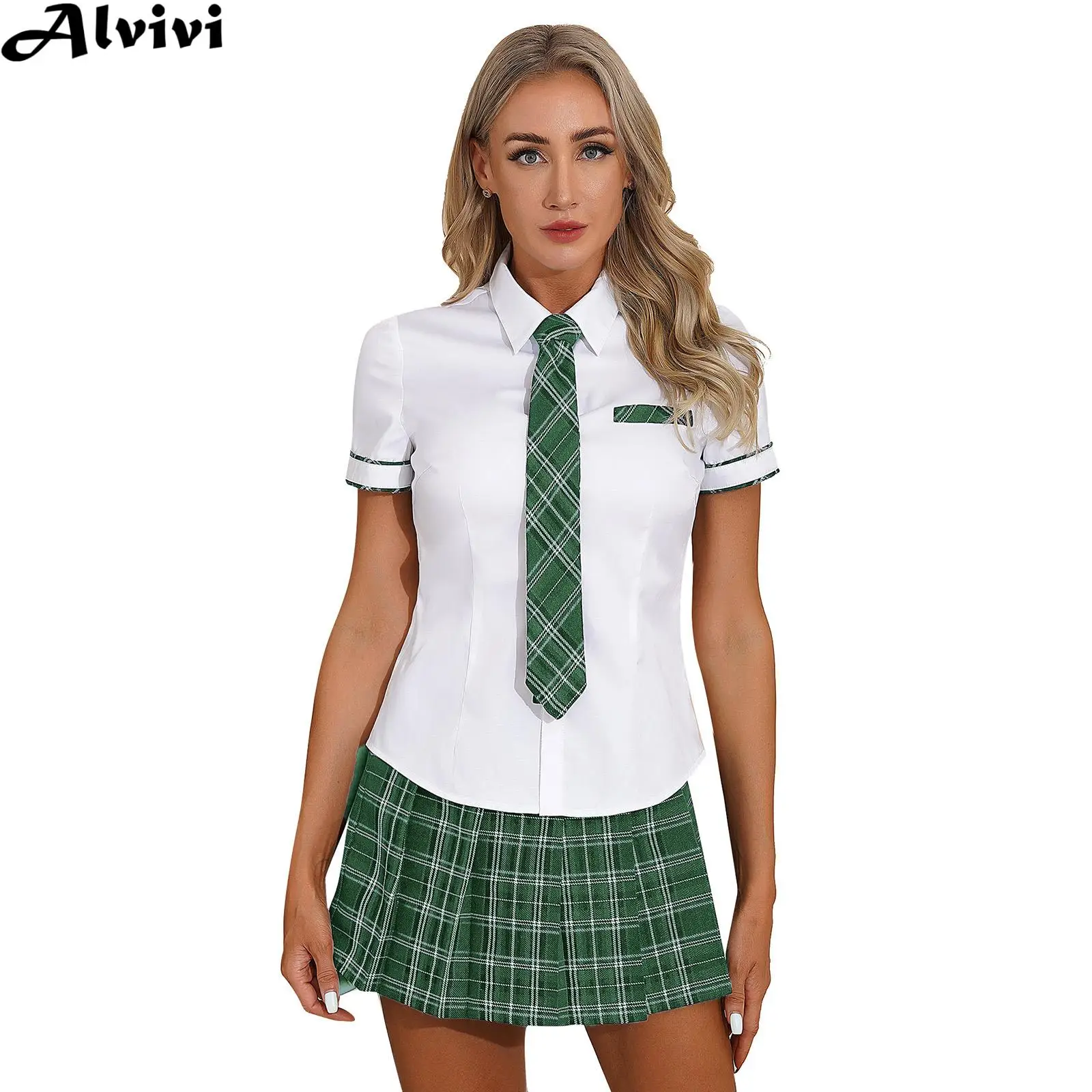 Mulheres halloween estudantes cosplay traje camisa de manga curta com xadrez mini saia gravata sexy uniforme escolar fotografia outfit