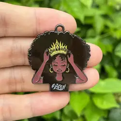 5Pcs Afro Girl African Black Queen with Crown Charms Enamel Pendant for Woman Bracelet Necklace Tags Jewelry Making