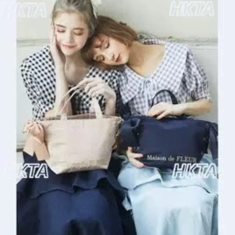 Japanese New Satin Gold Thread Embroidered Cloth Bag 2026 Autumn New Cute Bow Ribbon Handbag Women Tote Bag
