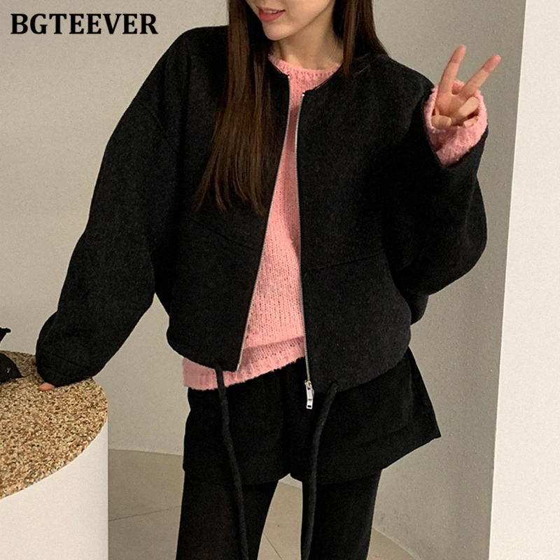

BGTEEVER Chic Stylish Long Sleeve Women Patchwork Hooded Blend Coats Autumn Winter Casual Loose Zipper Up Ladies Woolen Jackets