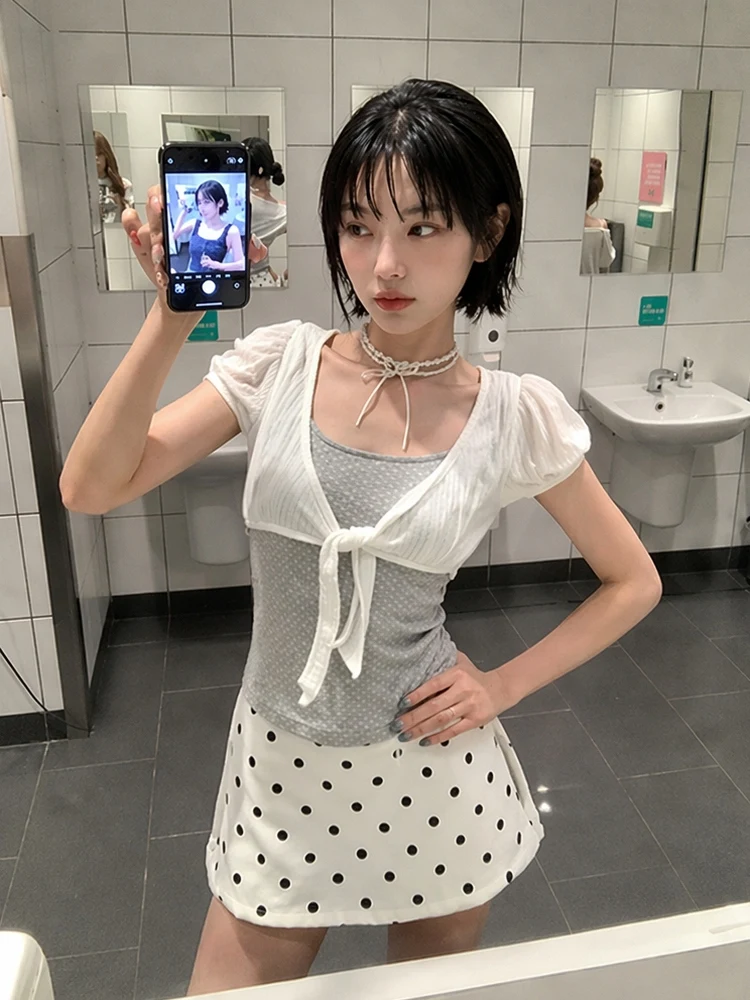 Korean Style Slim Fit Stripe T-Shirt Women's Summer 2026 New Fashion Short Sleeve Fake Two-Piece Tie-Detail Top