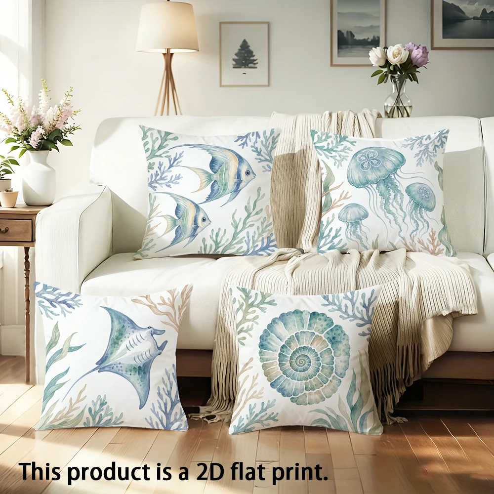 1pc  Nautical Watercolor Ocean Theme Throw Pillow Covers, Coastal Marine Life Cushion Cases for Home Sofa Bedroom Decor