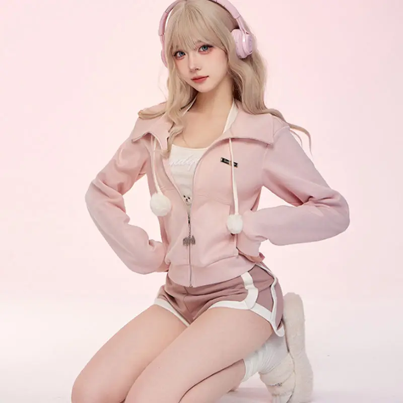 

Kawaii Pink Hoodie Girl Korean Style Fall Autumn Thin Long Sleeve Streetwear 90s Fashion Short Coat Sports Shorts Top Set Female