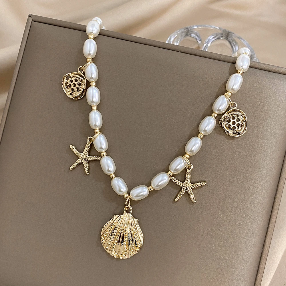 Greatera Trendy Starfish Shell Charms Imitation Pearl Chain Choker Necklaces for Women Statement Party Jewelry Gifts