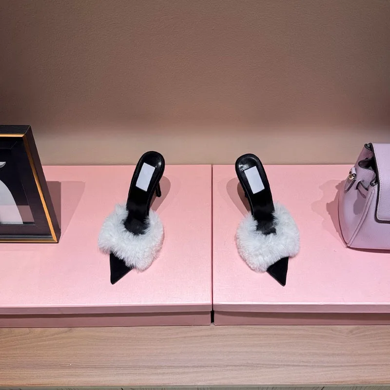 Women's Fox Fur High-Heeled Slippers Stiletto Heel Mules Open Toe Slip On Sandals Suede Upper Party Clubwear Elegant Sandals
