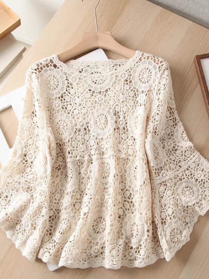 

Новая летняя женская модная трикотажная кофта свободного кроя с эффектом похудения, с рукавами-колокол, ажурным узором и круглым вырезом, с длинными рукавами