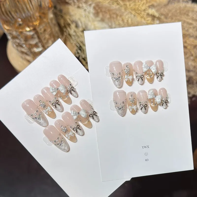 10Pcs Handmade Nails Soft Nude French-Style Bow with Cat-Eye Rhinestones Press-On Nails—Perfect As A Gift for Girls and Friends