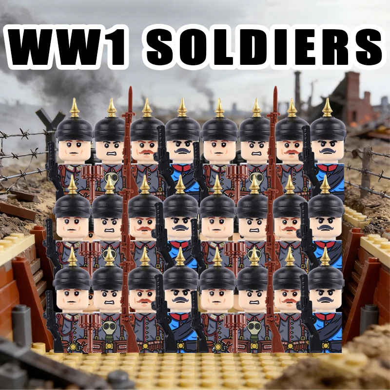 MOC Military Series WW1 Prussian British Soldier Figures Building Blocks Army Infantry Warrior Backpack Accessories Bricks Toys