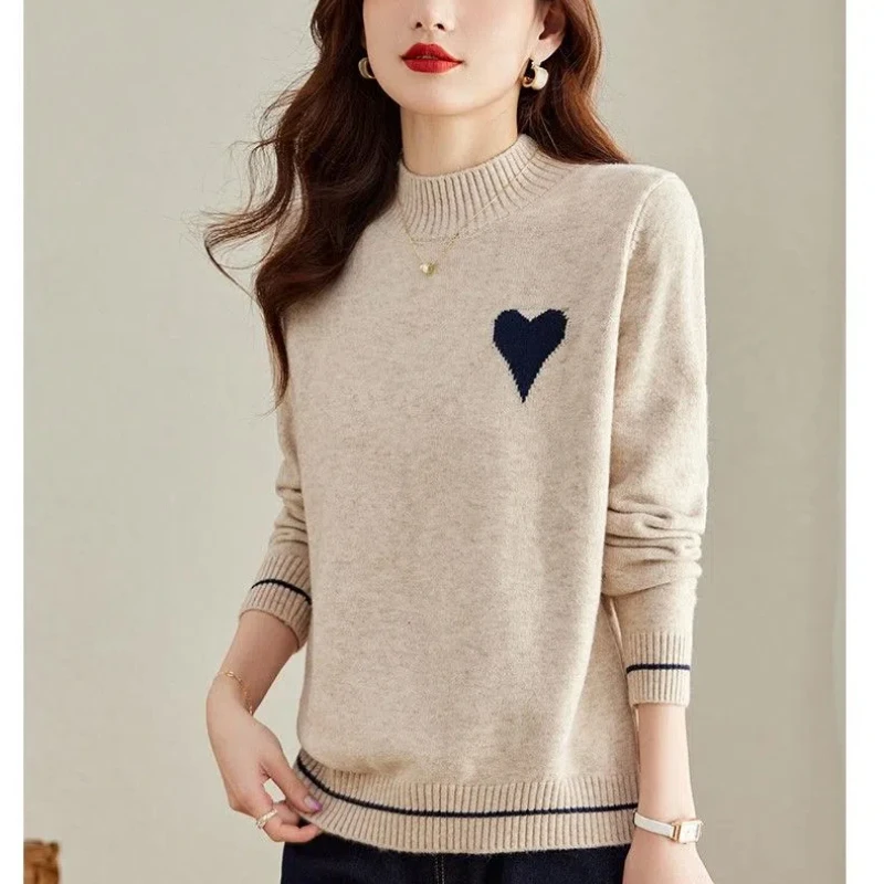 Pull au crochet géométrique pour femme, col mi-haut, manches longues, vêtements pour femmes, pull de bureau, coréen, automne, hiver