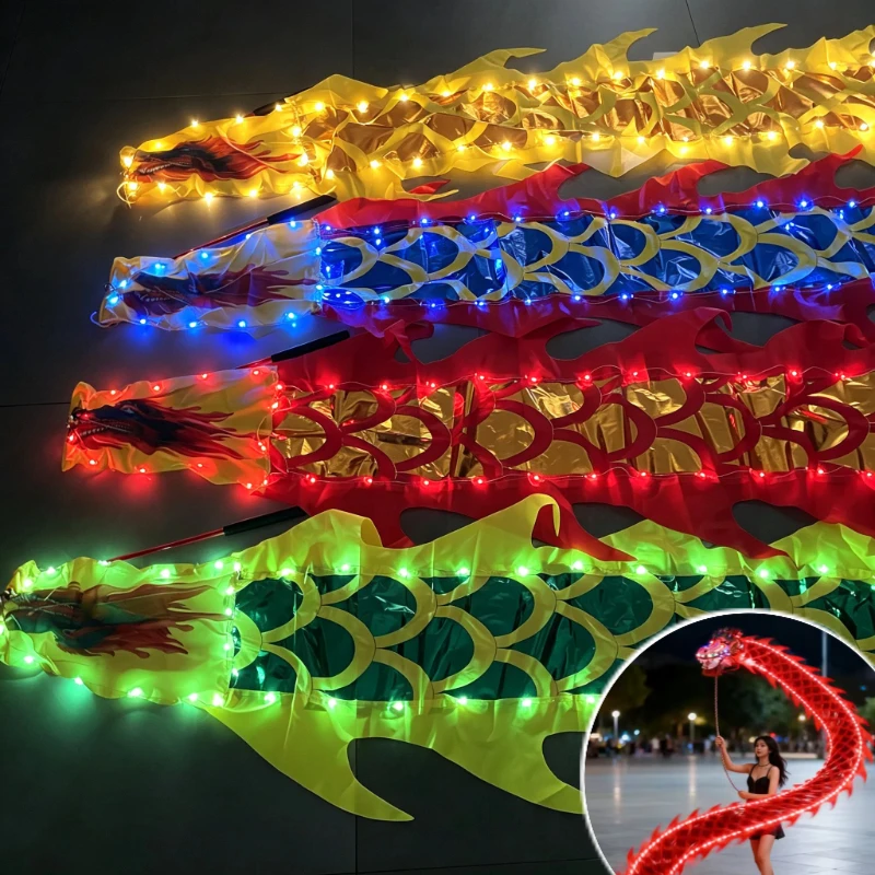 2/3/5/6/8/10m LED Glowing Fitness Dragon Ribbon 3D Dragon Head Light Up Dance Streamer Square Dance Party Stage Show Prop