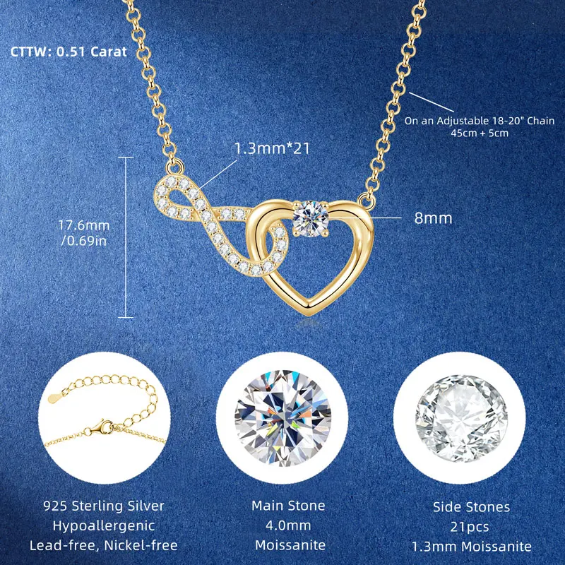 IOGOU 4 مللي متر و 1.3 مللي متر إنفينيتي على شكل قلب جميع مويسانيتي قلادة قلادة للنساء ريال 925 الفضة الزفاف الحب مجوهرات حفلة هدية