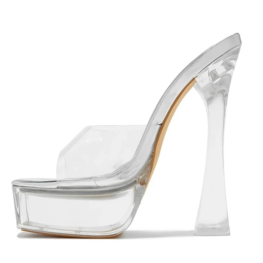 

Silver Square Toe Transparent Heels Elegant Evening Platform Mules