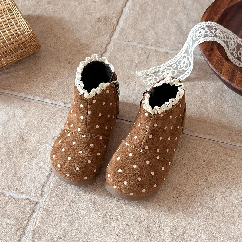 Toddler Girls Winter Ankle Boots, Polka‑Dot Suede‑Like Upper Lace Ruffle Collar Warm Fleece Lined Side Zipper Princess