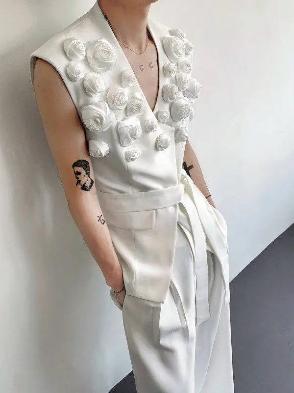Male 2025 Summer New Sleeveless Fashion Suit Vests Male High-end Niche Three-dimensional Rose Tank Tops Trendy Masculinity Vest