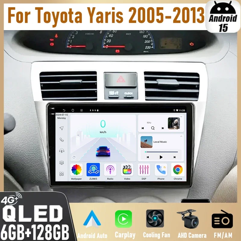 9'' Android 15 Car Radio For Toyota Yaris 2005-2013 4+64GB 2DIN Head Unit with Wireless CarPlay Android Auto GPS Google Maps