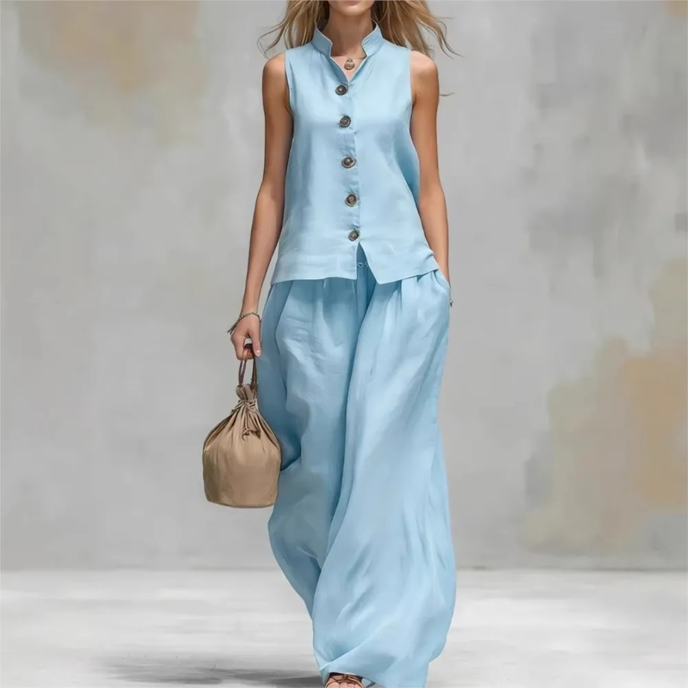 

Fashionable Linen Sleeveless Vest+High-waisted Wide-leg Pants 2-piece Set Women Casual Loose Summer Single-breasted Trousers Set