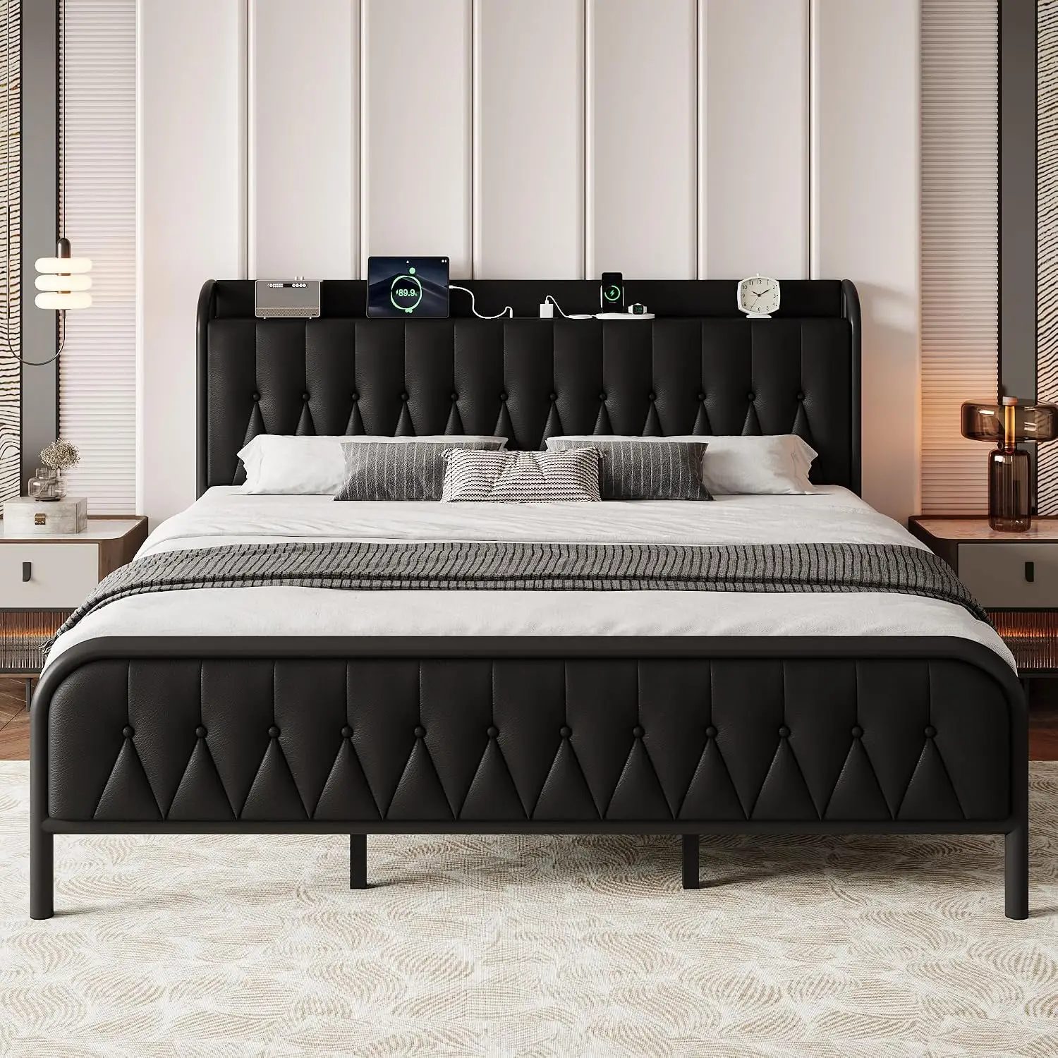 Full Size Metal Bed Frame with Charging Station, Faux Leather Headboard & Footboard, Heavy Duty Steel, 12" Under Bed Storage, No