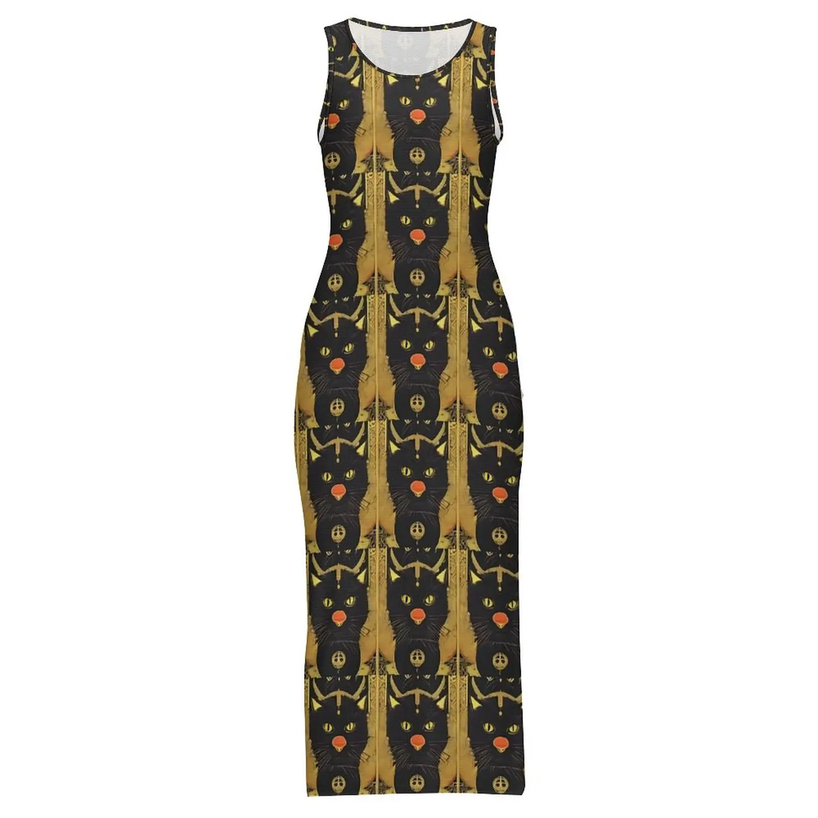 Abito da tarocchi retrò senza maniche con stampa di gatti neri Abiti lunghi moderni Estate Y2K Moda personalizzata Abito aderente fai da te Taglia grande 4XL