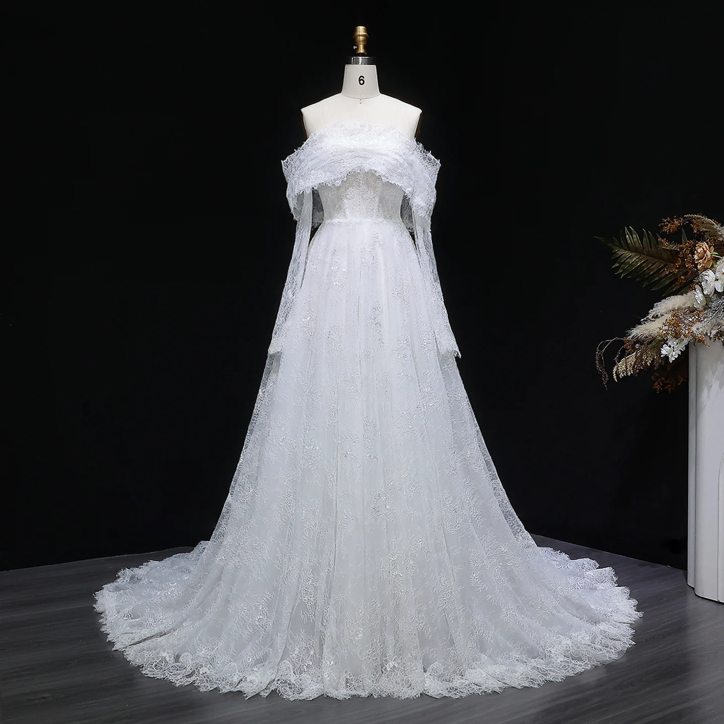 Sharon Said Elegant White Long Sleeve Wedding Dress Off Shoulder Illusion Lace Chapel Train Bride Gowns SW542 Customized