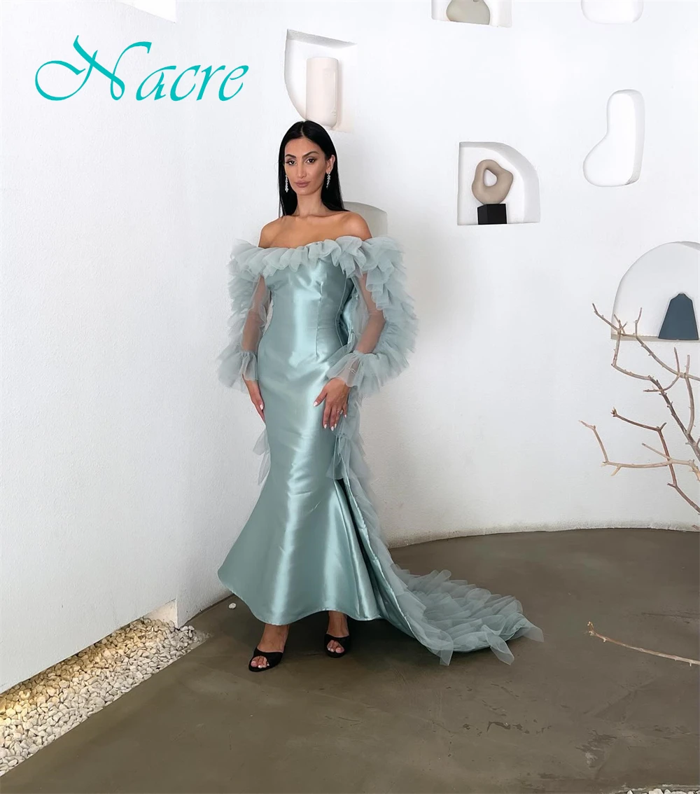 Customized Modern Satin Mermaid Evening Dress Delicate Boat Neck Prom Dresses Temperament Watteau Train Special Occasion Gowns