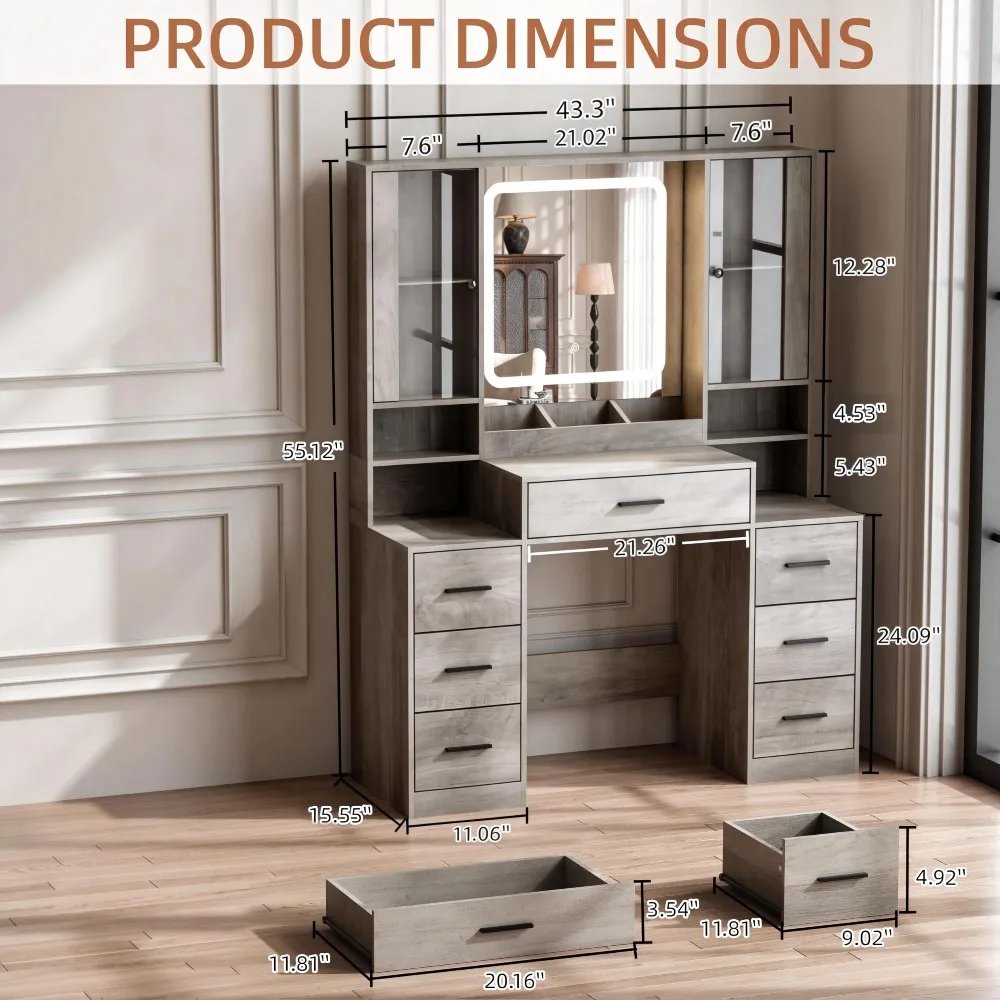 Vanity Desk with Mirror & Lights, Makeup Vanity with Power Strip, 7 Drawers & 2 Cabinets, Hair Dryer Holder, RGB