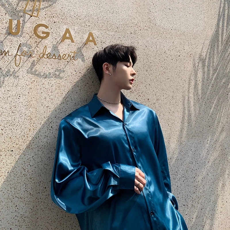 

Spring Fashion Men's Long Sleeve Silk Satin Drapey Shirt BF Harajuku Style Handsome High-End Feeling Bright Color Top