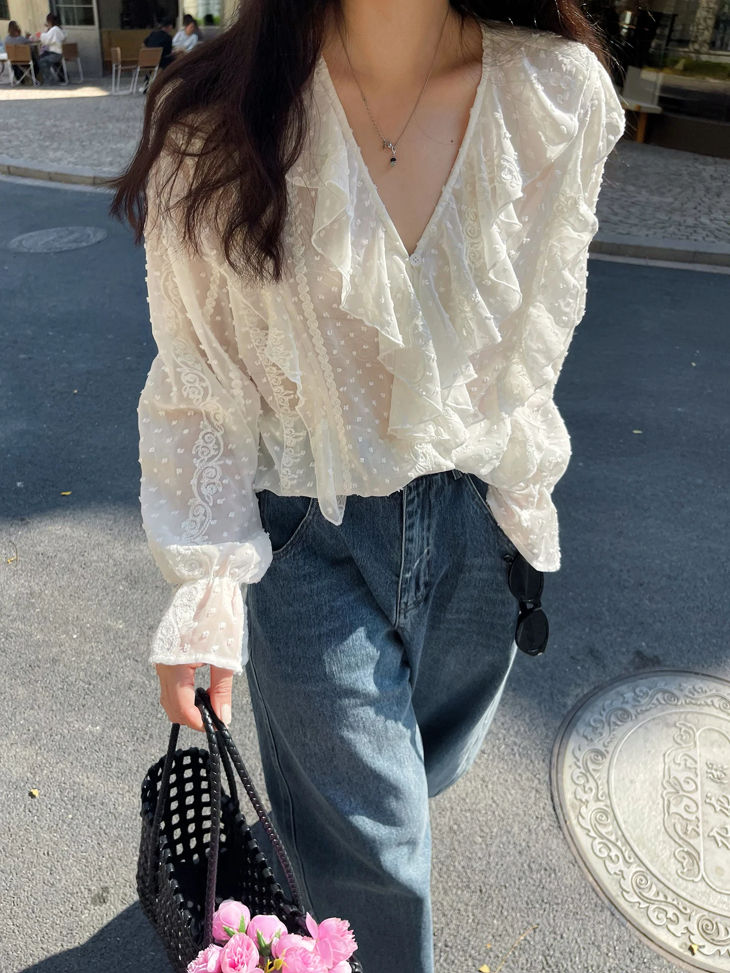 

Женская облегающая базовая блузка Ele Long Sve Lace с V-образным вырезом, прямой крой, корейский дизайн, новинка Весна 2026