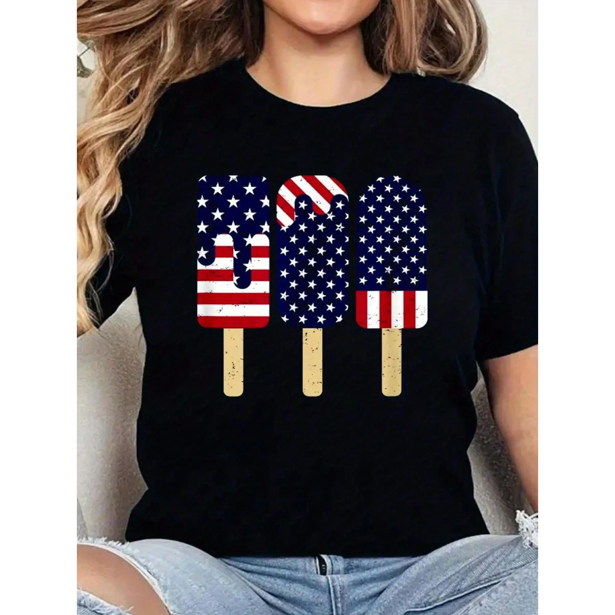 

4th Of July Popsicle Patriotic American Flag Memorial Day Print T-Shirt Casual Crew Neck Short Sleeve Comfort Tee Top For Spring
